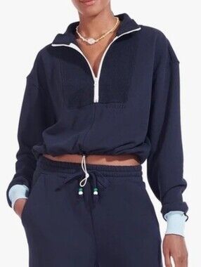 STAUD French Terry Cropped Half Zip Sweatshirt Size L Navy